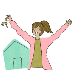 Ilustração de uma mulher com blusa rosa, feliz enquanto segura uma chave e no fundo uma casa de cor verde